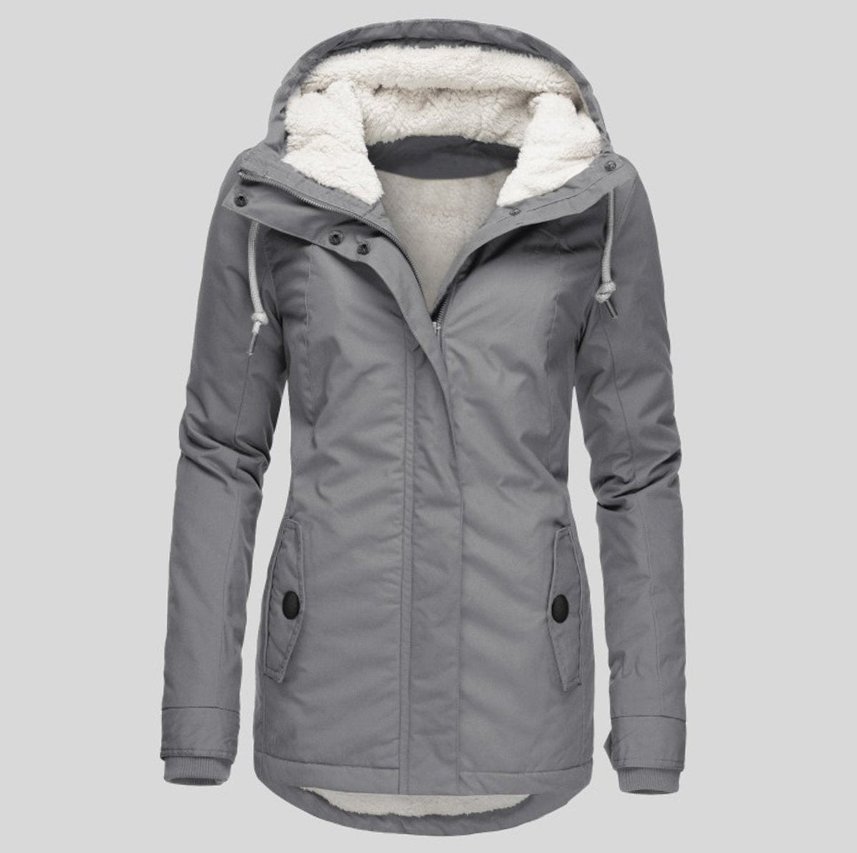 Women's Fleece Jacket | Hooded Zip-Up Sherpa Lining Curved Hem