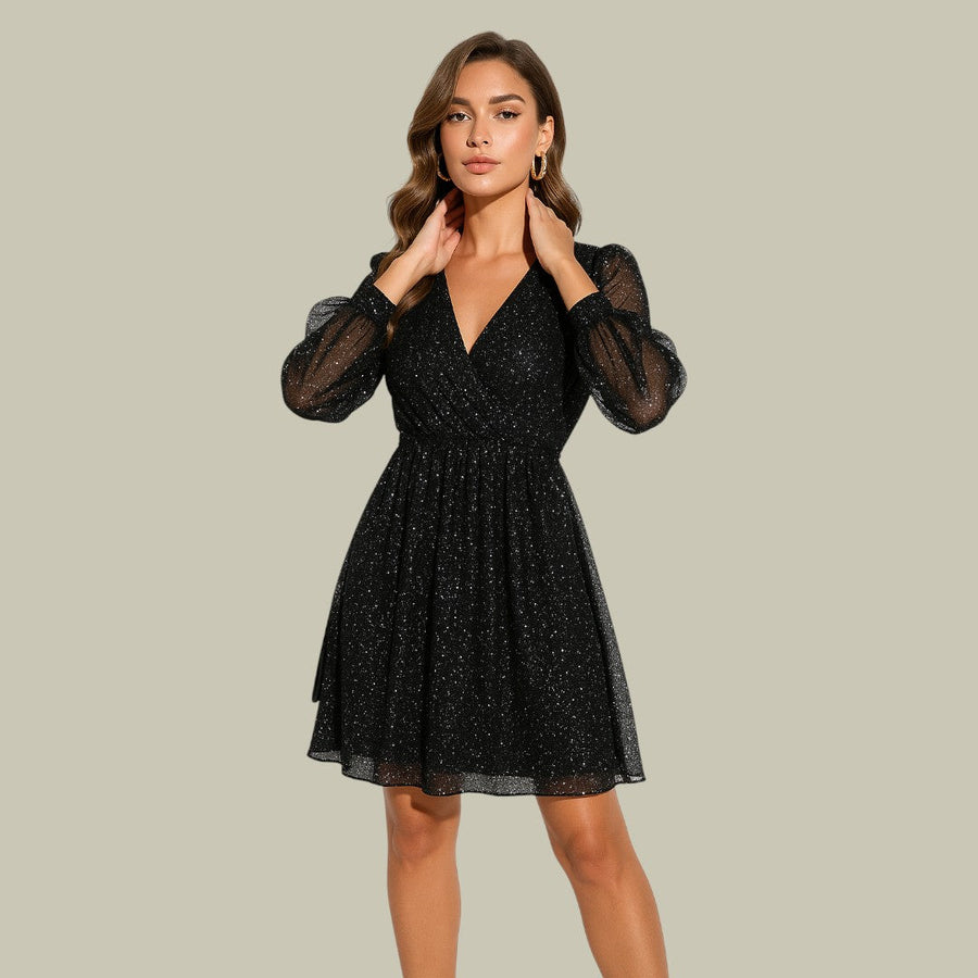 Women's Hens Day Dress | V-Neck Puff Sleeve Mesh Sparkle