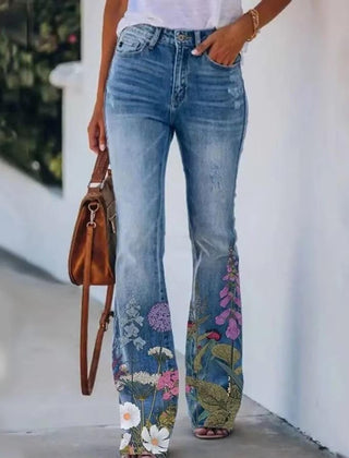 Women's High-Waist Botanical Floral Flare Jeans - Blue 4