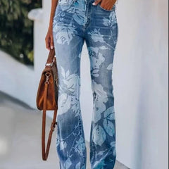 Women's High-Waist Botanical Floral Flare Jeans - Blue 5