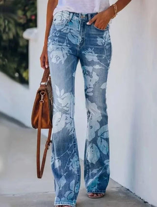 Women's High-Waist Botanical Floral Flare Jeans - Blue 5