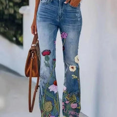 Women's High-Waist Botanical Floral Flare Jeans - Blue 6