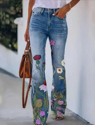 Women's High-Waist Botanical Floral Flare Jeans - Blue 6