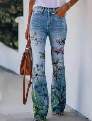 Women's High-Waist Botanical Floral Flare Jeans - Blue 7