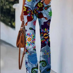 Women's High-Waist Botanical Floral Flare Jeans - Blue 8