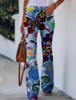 Women's High-Waist Botanical Floral Flare Jeans - Blue 8