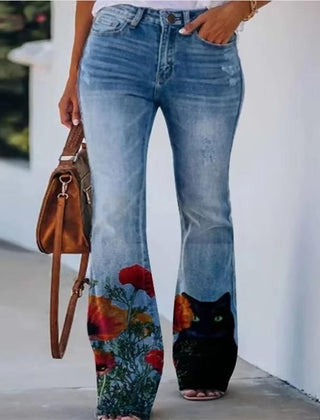 Women's High-Waist Botanical Floral Flare Jeans - Blue 9