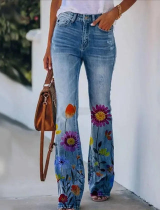 Women's High-Waist Botanical Floral Flare Jeans - Blue 2