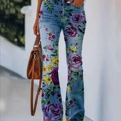 Women's High-Waist Botanical Floral Flare Jeans - Blue 3