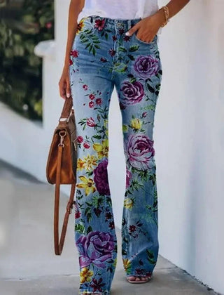 Women's High-Waist Botanical Floral Flare Jeans - Blue 3