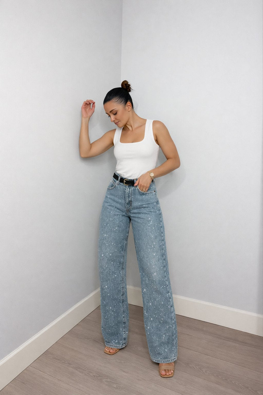 Women's High-Waist Wide-Leg Glitter-Detail Straight Jeans