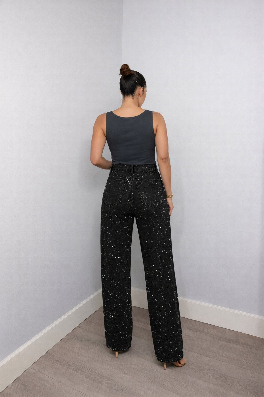 Women's High-Waist Wide-Leg Glitter-Detail Straight Jeans