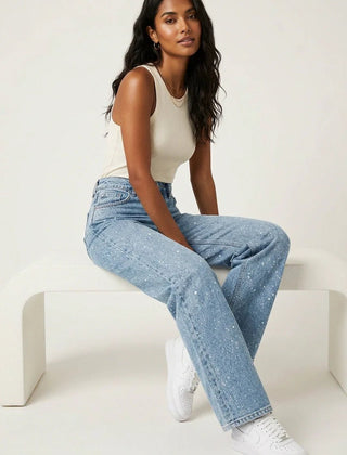 Women's High-Waist Wide-Leg Glitter-Detail Straight Jeans - Blau