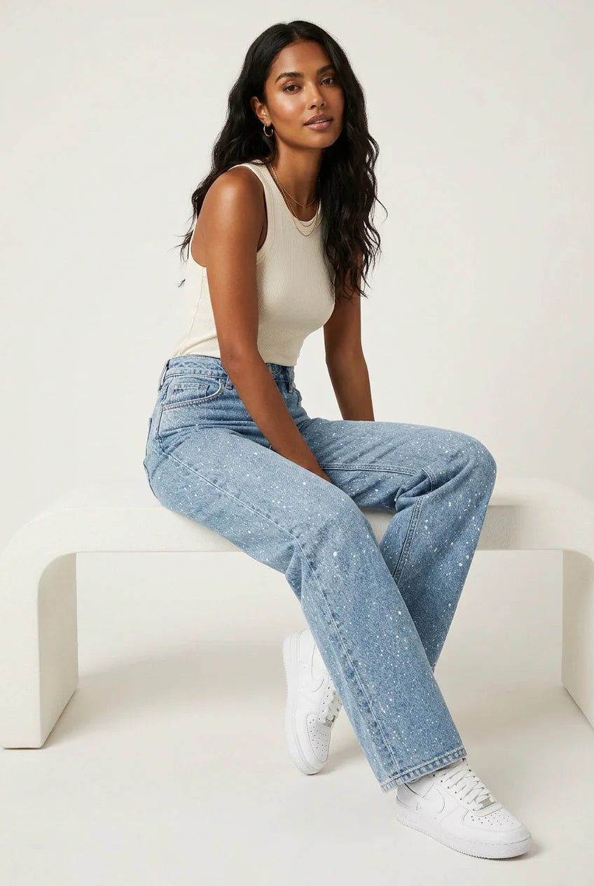 Women's High-Waist Wide-Leg Glitter-Detail Straight Jeans - Blau