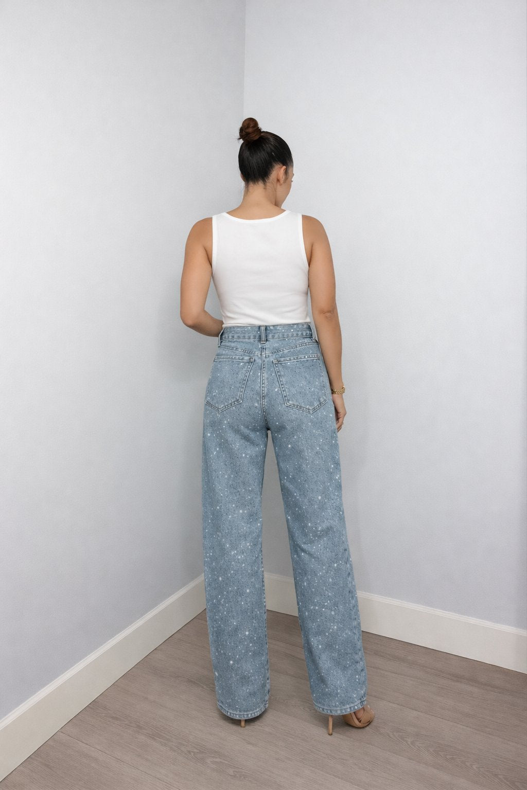 Women's High-Waist Wide-Leg Glitter-Detail Straight Jeans