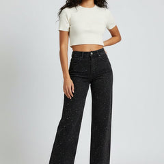 Women's High-Waist Wide-Leg Glitter-Detail Straight Jeans - Schwarz