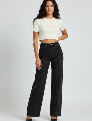 Women's High-Waist Wide-Leg Glitter-Detail Straight Jeans - Schwarz