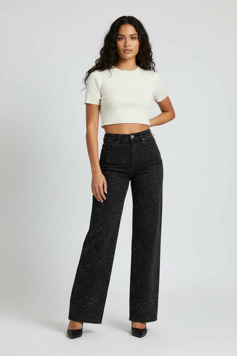 Women's High-Waist Wide-Leg Glitter-Detail Straight Jeans - Schwarz