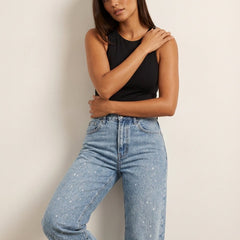 Women's High-Waist Wide-Leg Glitter-Detail Straight Jeans