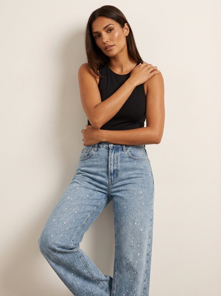 Women's High-Waist Wide-Leg Glitter-Detail Straight Jeans