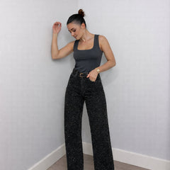 Women's High-Waist Wide-Leg Glitter-Detail Straight Jeans