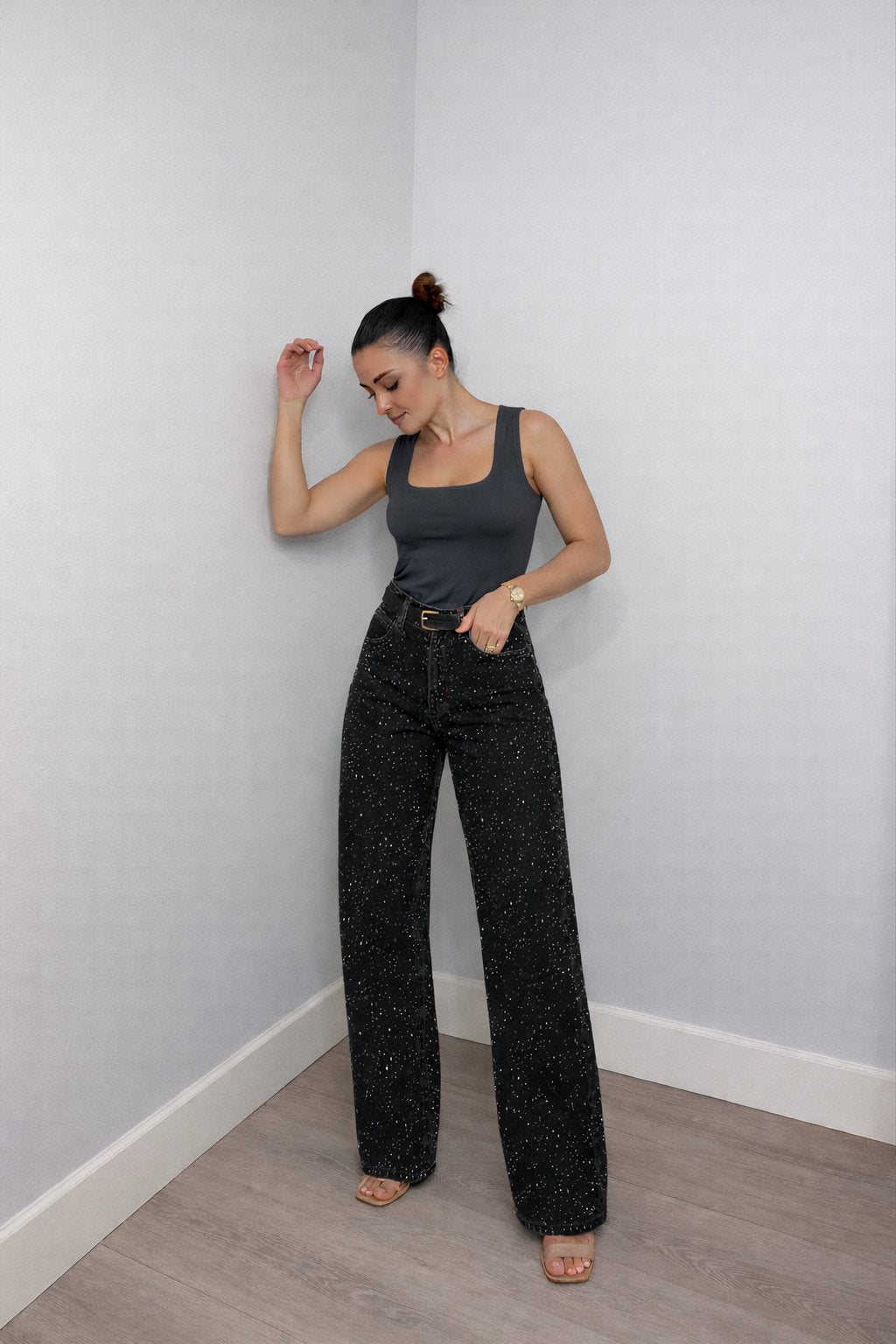 Women's High-Waist Wide-Leg Glitter-Detail Straight Jeans