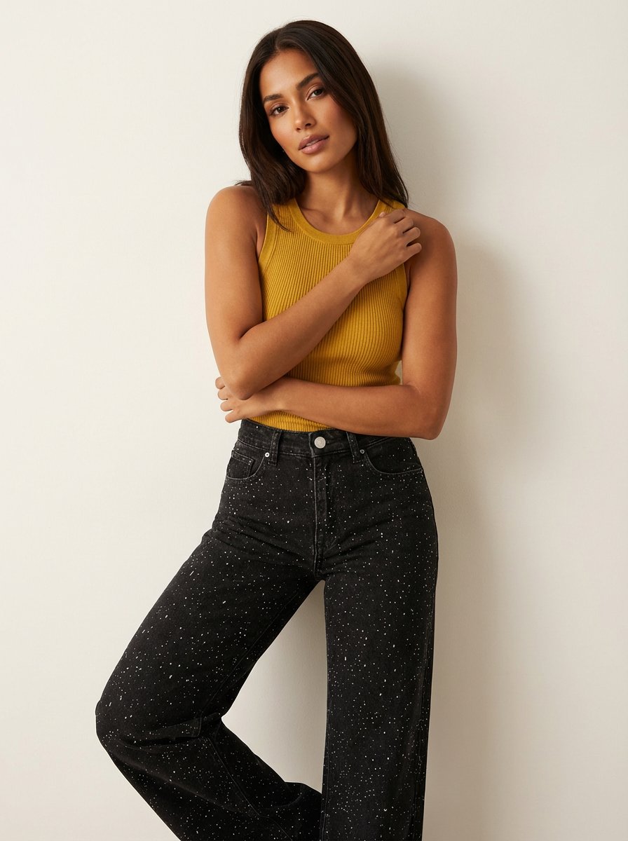 Women's High-Waist Wide-Leg Glitter-Detail Straight Jeans