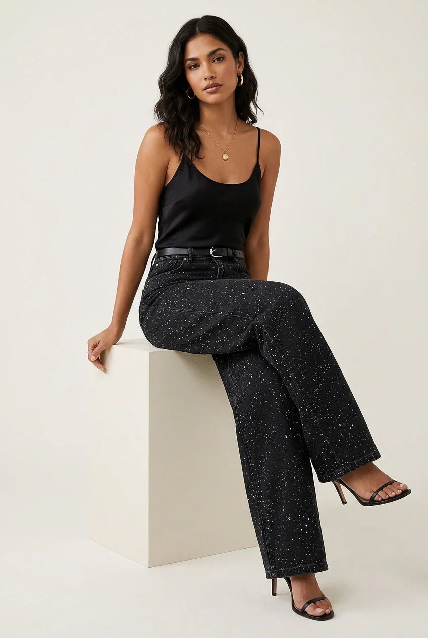 Women's High-Waist Wide-Leg Glitter-Detail Straight Jeans