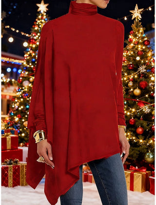 Women's Asymmetrical Top | Turtleneck Long Sleeve Draped Knit