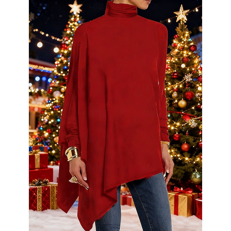 Women's Asymmetrical Top | Turtleneck Long Sleeve Draped Knit