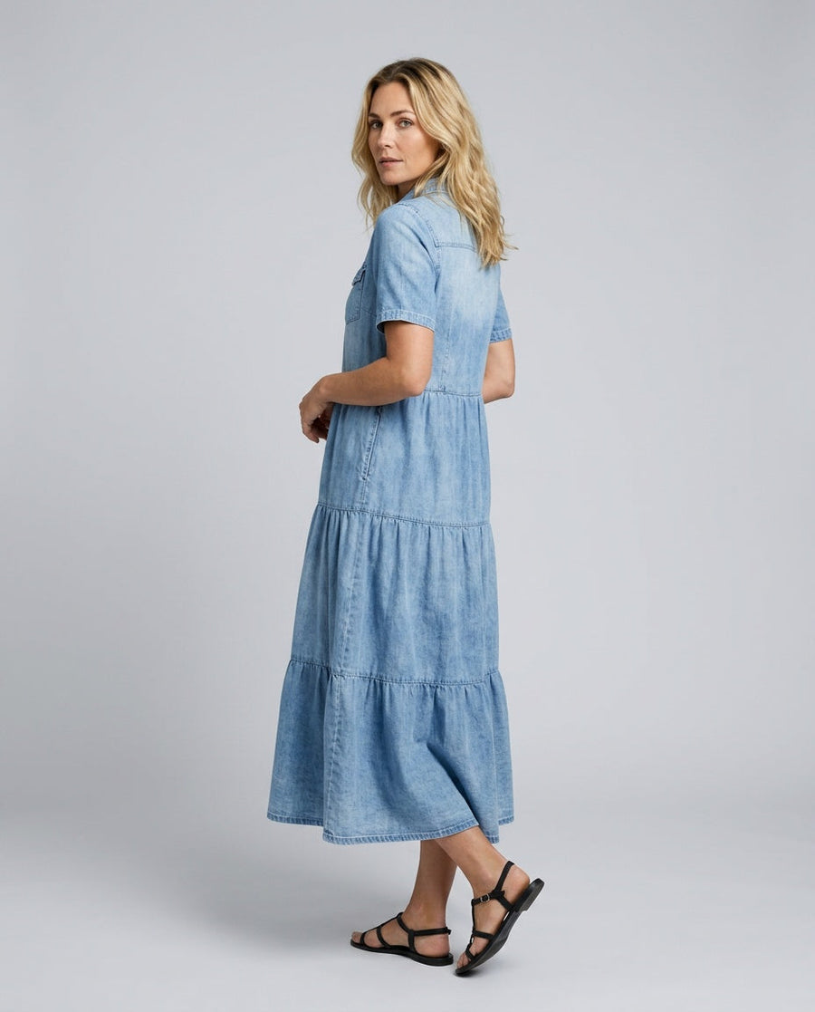 Women's Denim Dress | Maxi Collar Button Front Short Sleeve