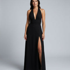 Women's Wedding Guest Dress | Maxi Halter Neck Leg Slit Polyester