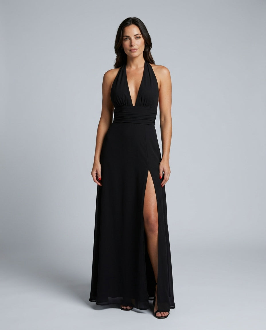 Women's Wedding Guest Dress | Maxi Halter Neck Leg Slit Polyester