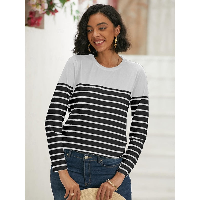 Women's Long Sleeve Top | Crew Neck Striped Knit
