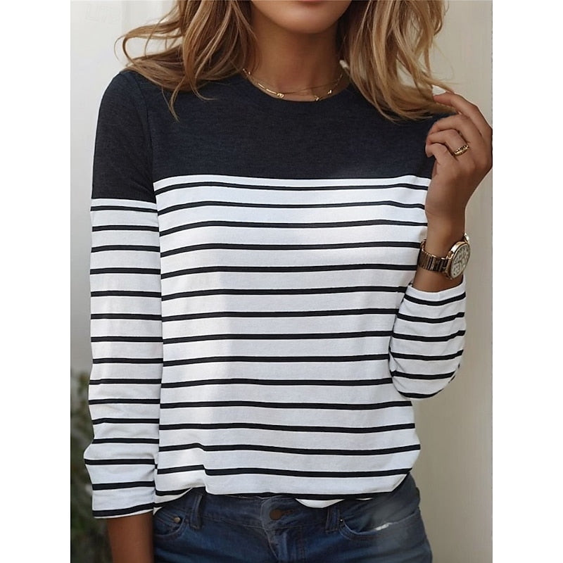 Women's Long Sleeve Top | Crew Neck Striped Knit