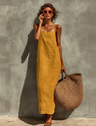 Women's Cotton Dress | Maxi Square Neck Spaghetti Sleeveless