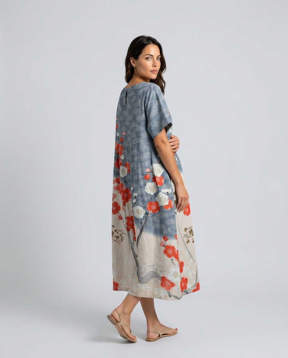 Women's Beach Cover Dress | Maxi Round Neck Short Sleeve Linen Blend