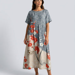 Women's Beach Cover Dress | Maxi Round Neck Short Sleeve Linen Blend