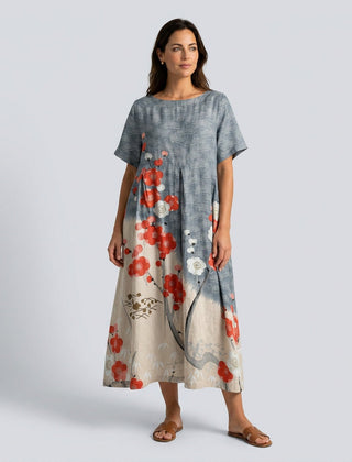 Women's Beach Cover Dress | Maxi Round Neck Short Sleeve Linen Blend