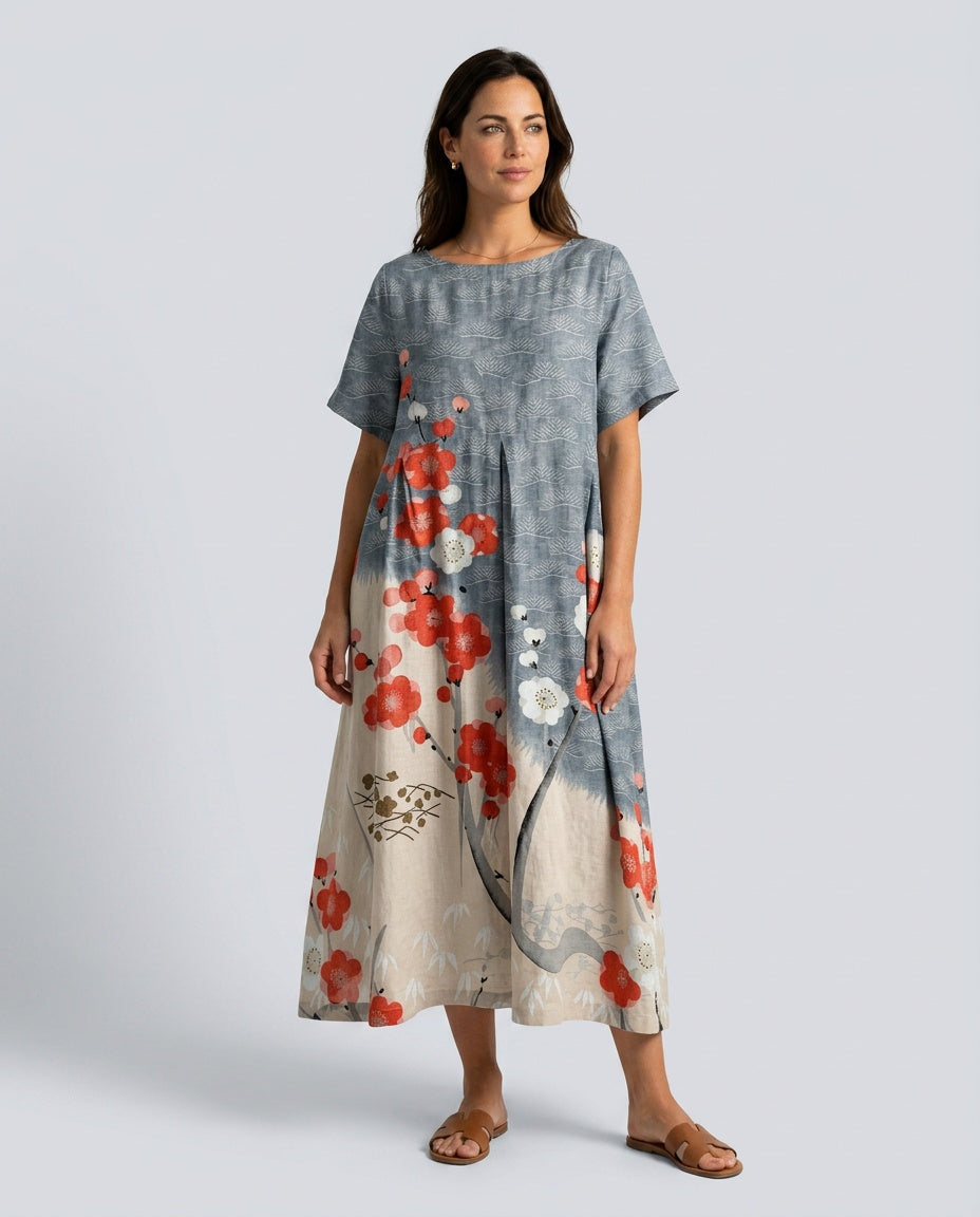 Women's Beach Cover Dress | Maxi Round Neck Short Sleeve Linen Blend