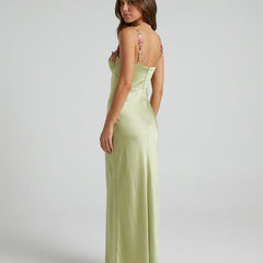 Women's Green Bridesmaid Dress | Maxi Sweetheart Neckline Floral Straps