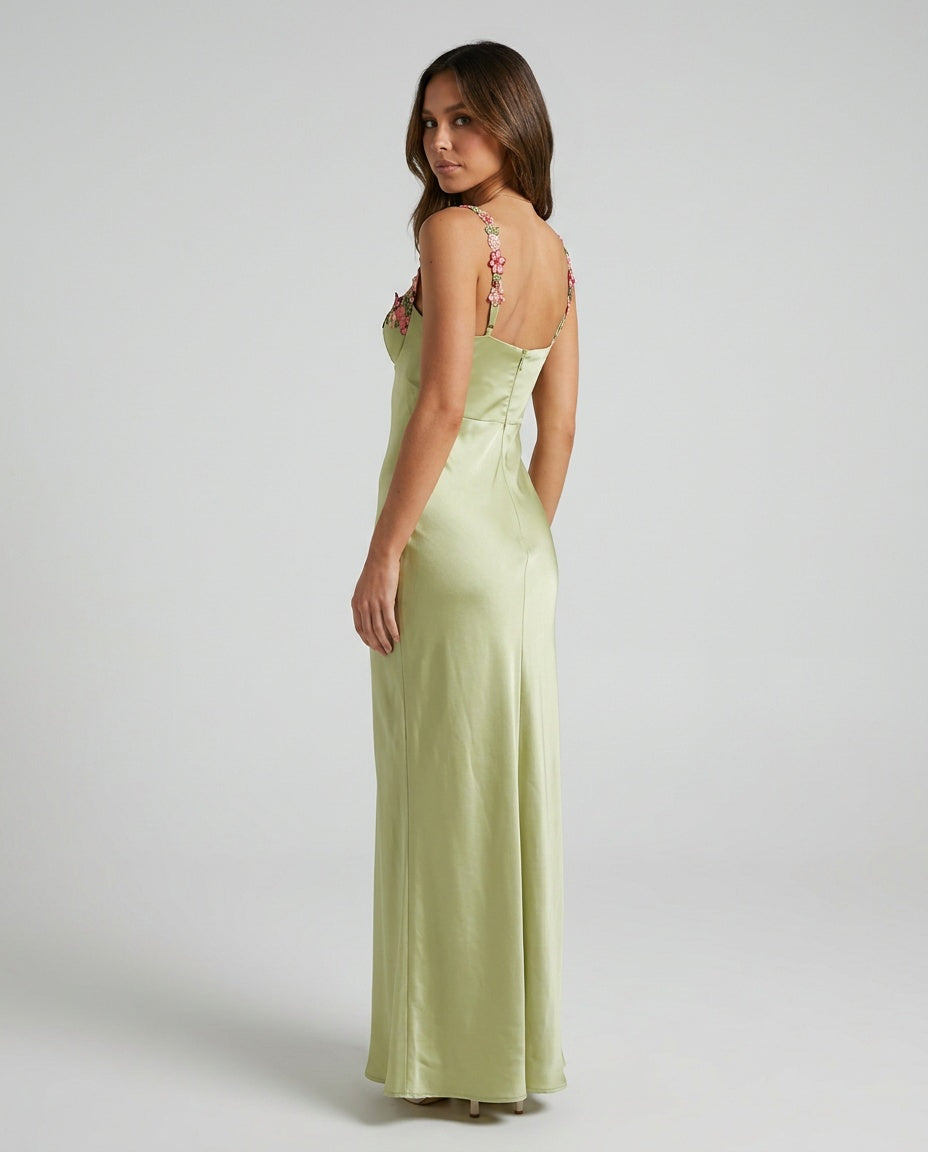 Women's Green Bridesmaid Dress | Maxi Sweetheart Neckline Floral Straps