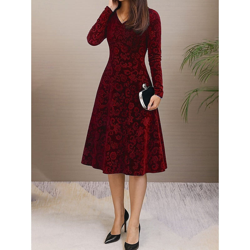 Women's Mother Of The Bride Dress | Midi Length V-Neck Long Sleeve Floral