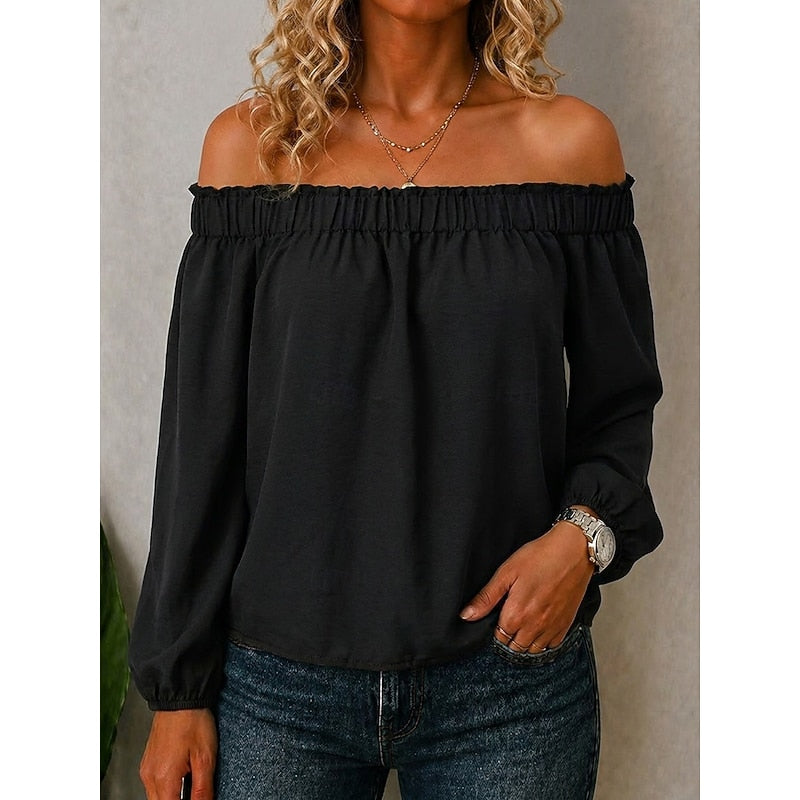 Women's Off The Shoulder Top | Ruffle Neckline Long Sleeve